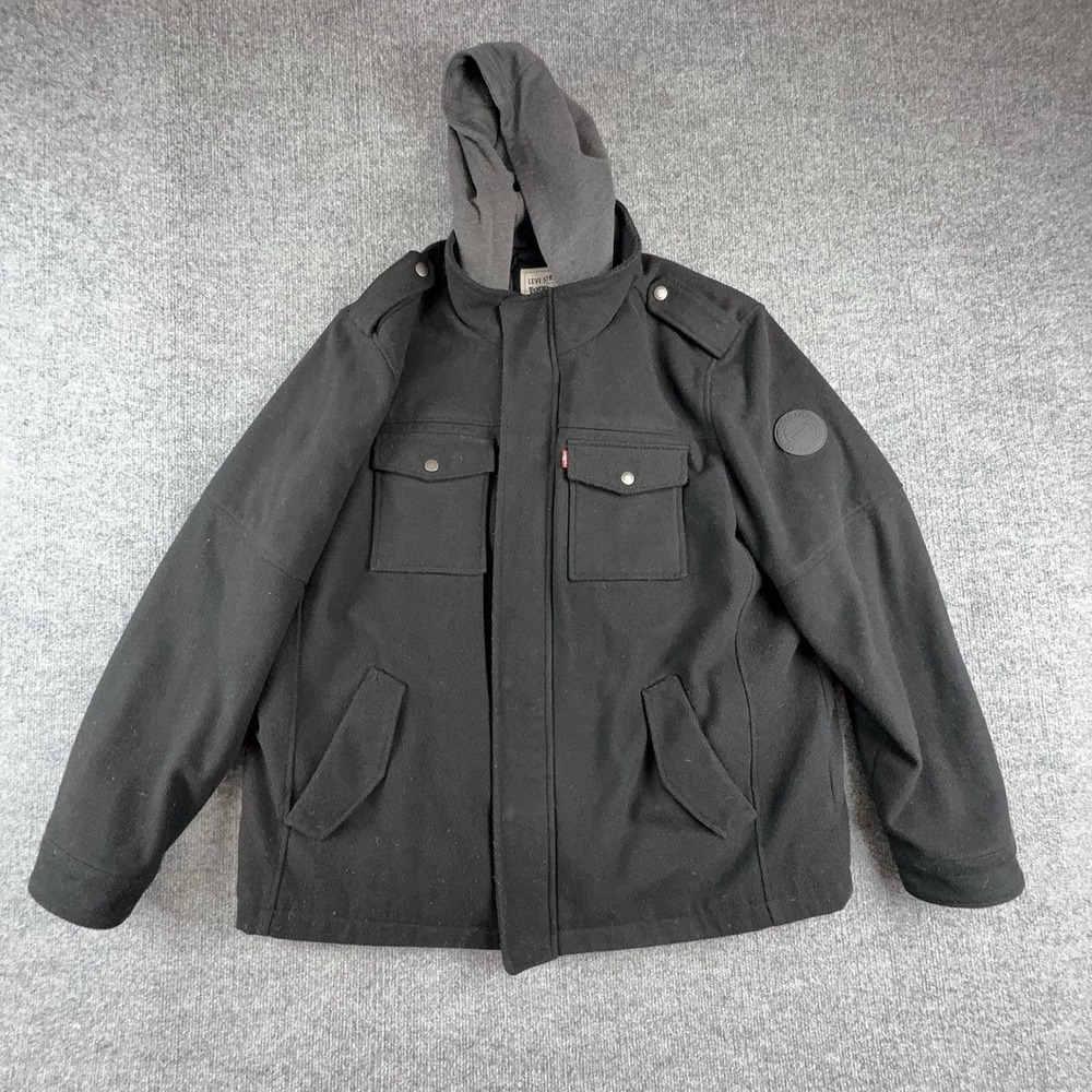 Levis Jacket Mens 2XL Black Hooded Wool Blend Quilted Lined Parka Winter Coat